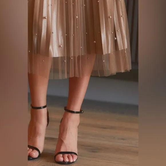 Pearl Embellished Pleated Mesh Midi Skirt