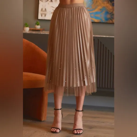 Pearl Embellished Pleated Mesh Midi Skirt