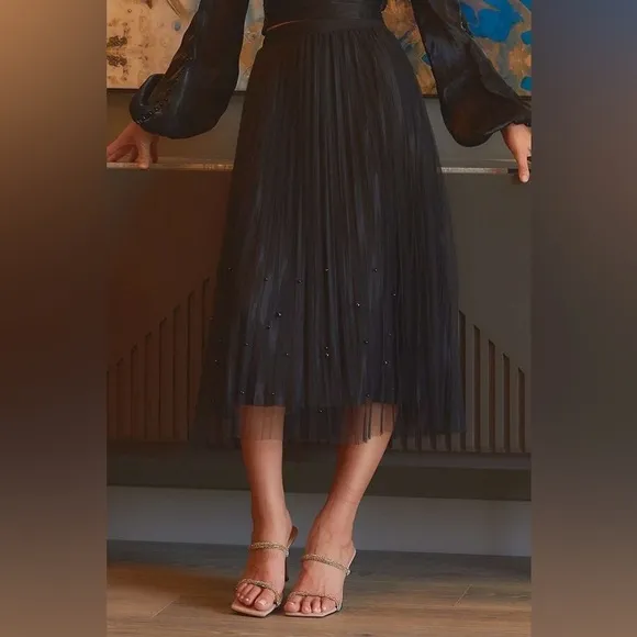 Pearl Embellished Pleated Mesh Midi Skirt