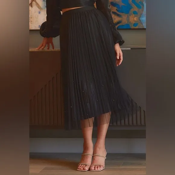 Pearl Embellished Pleated Mesh Midi Skirt