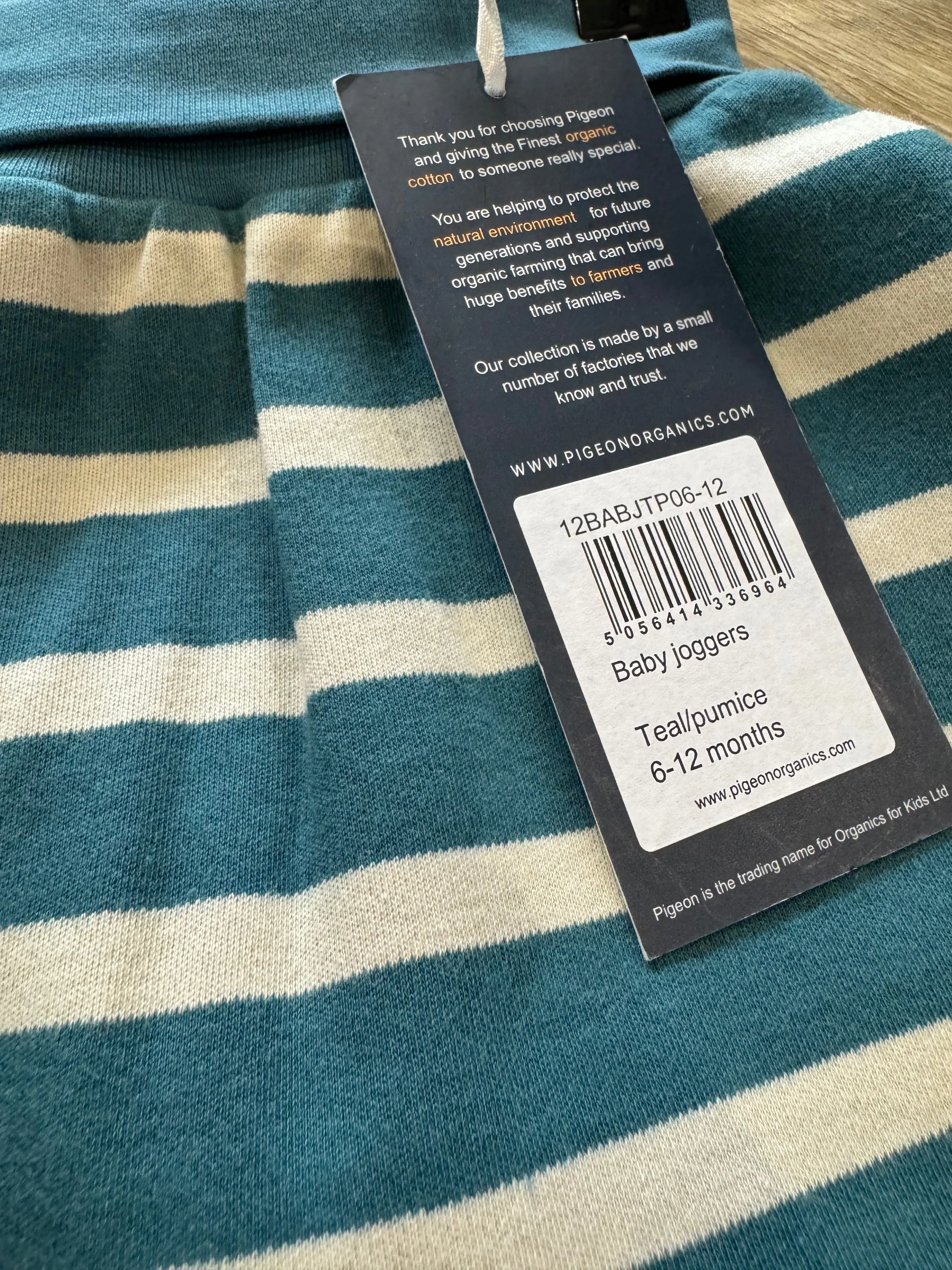 Pigeon Organics Teal Pumice Stripe Joggers BNWT 6-12m