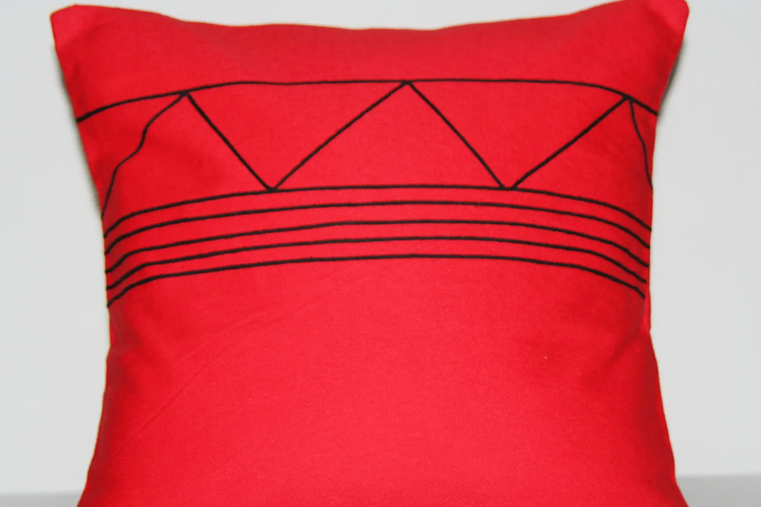 Pillow Red Black African Xhosa Tribal Design Geometric Applique 16" X 16"