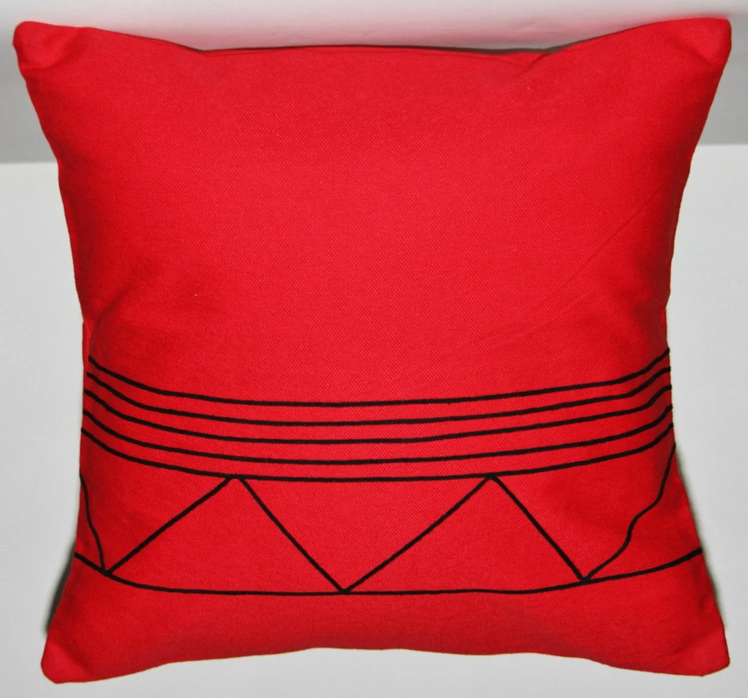 Pillow Red Black African Xhosa Tribal Design Geometric Applique 16" X 16"