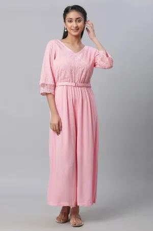 Pink Lace Detailed Jumpsuit In Rayon Crepe
