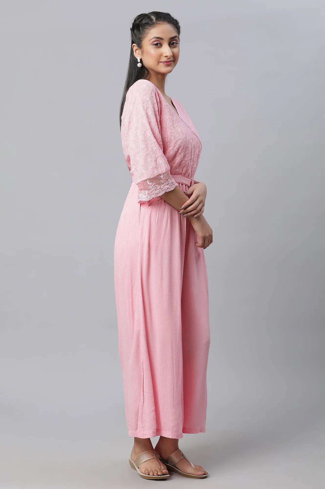 Pink Lace Detailed Jumpsuit In Rayon Crepe