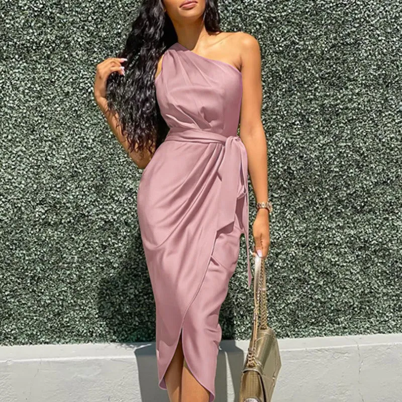 Pink One Shoulder Wrap Midi Dress