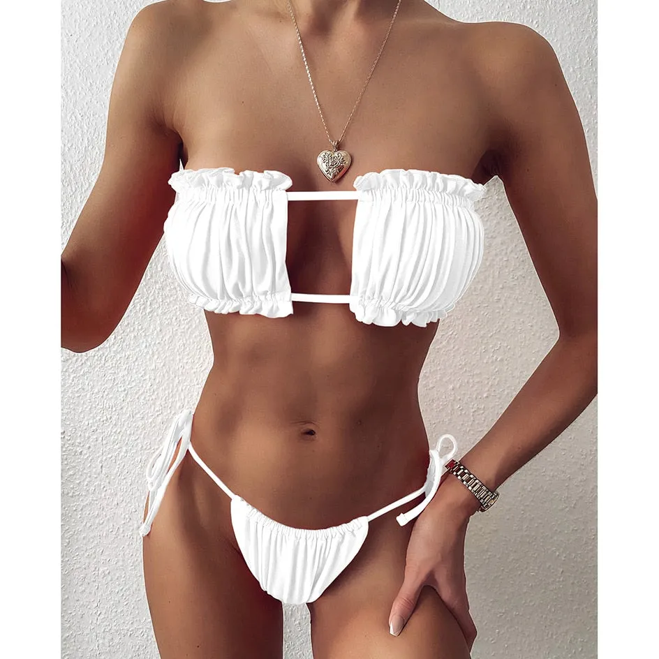 Pleated Bandeau Swimsuit Female Swimwear Women Mini Thong Bikini Set