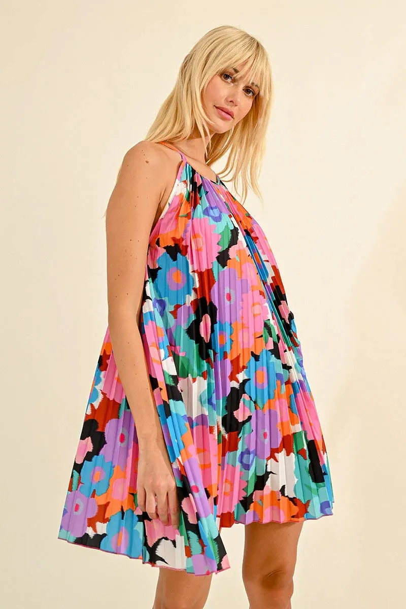 Pleated Floral Mini Dress-Final Sale
