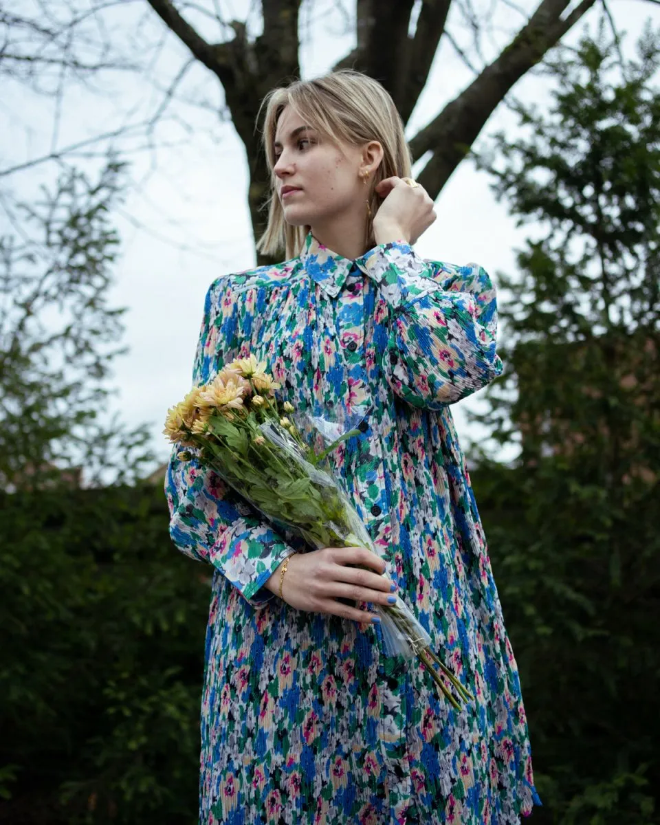 Pleated Georgette Wide Mini Dress - Floral Azure Blue
