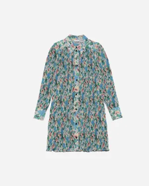 Pleated Georgette Wide Mini Dress - Floral Azure Blue