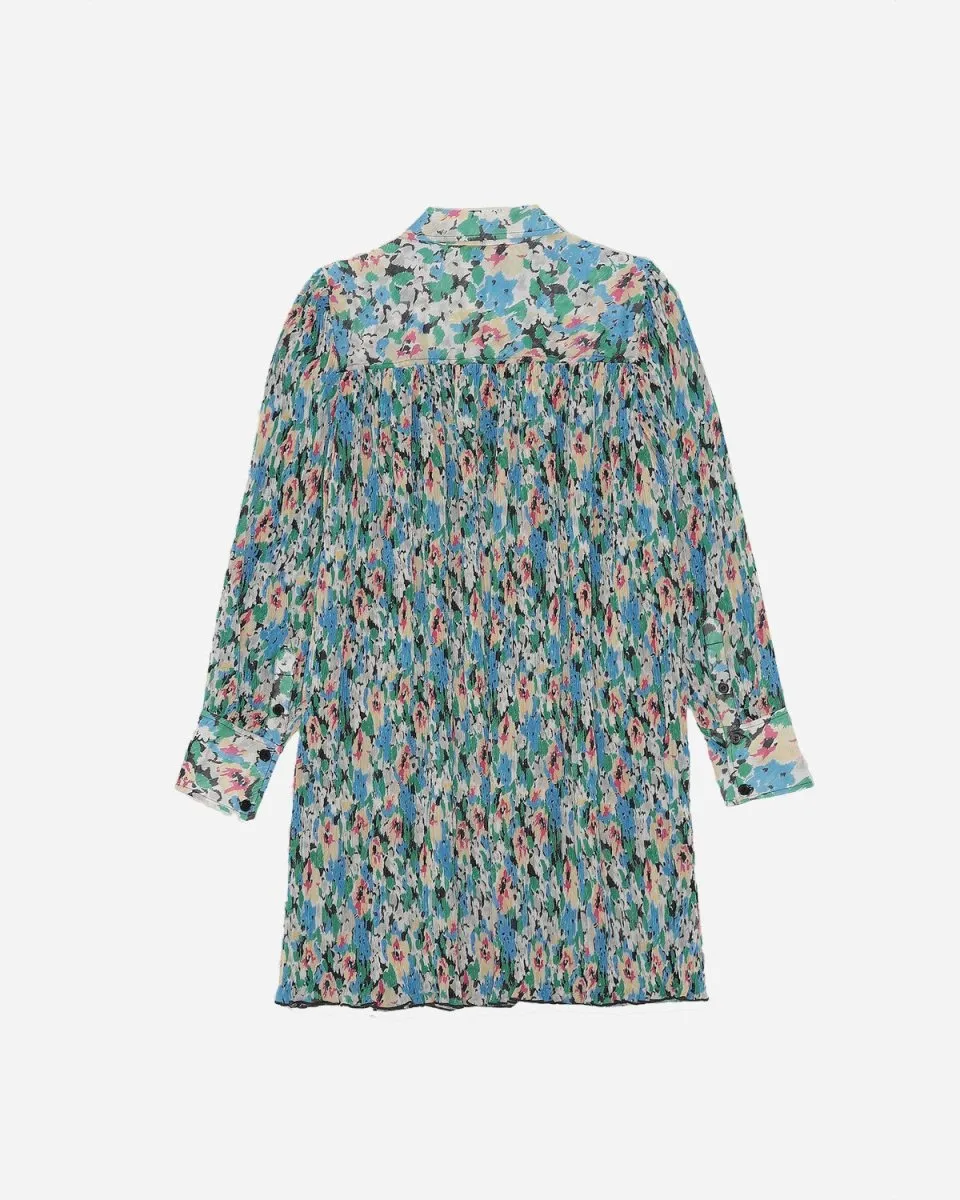 Pleated Georgette Wide Mini Dress - Floral Azure Blue