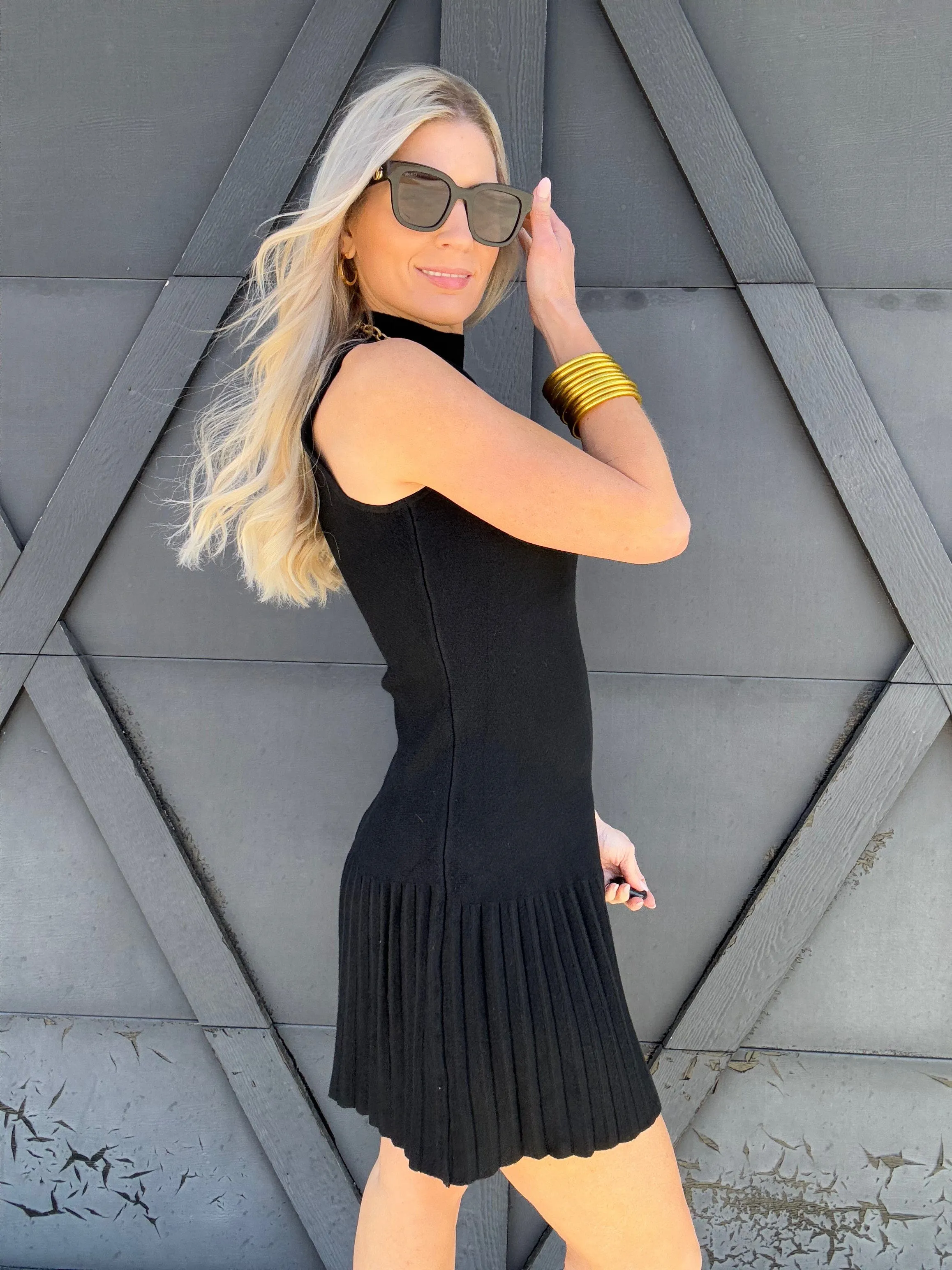 Pleated Mock Neck Mini Dress In Black