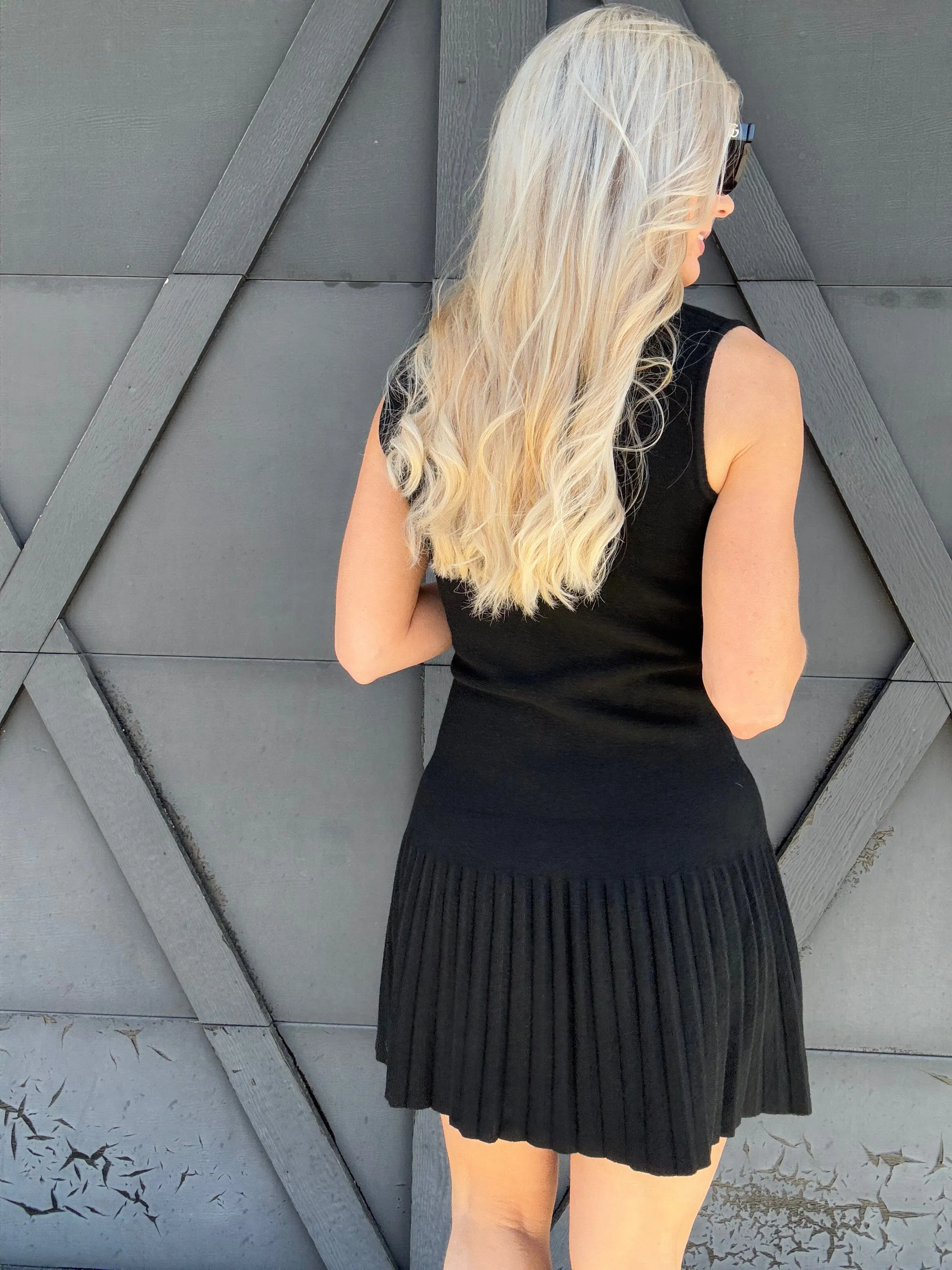 Pleated Mock Neck Mini Dress In Black