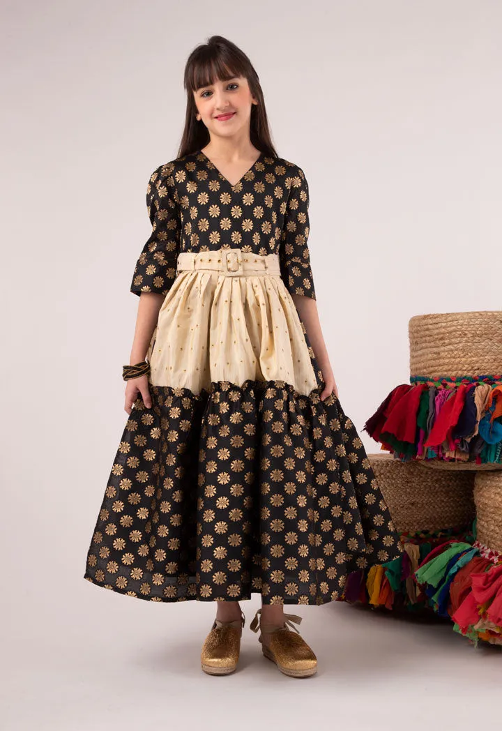 Pleated Overlay Jacquard Dress