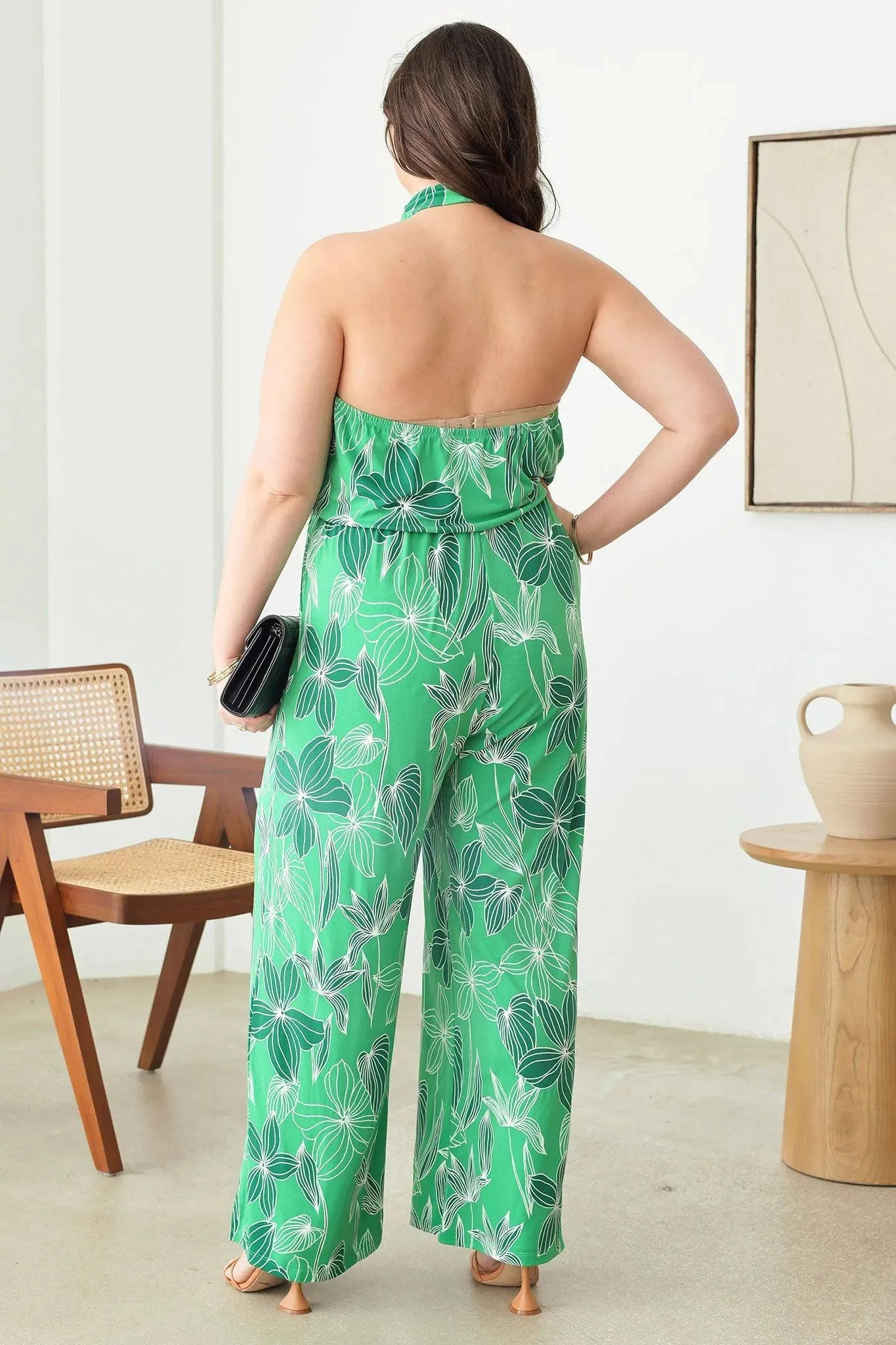 Plus Size Leaf Print Sleeveless Halter Jumpsuits