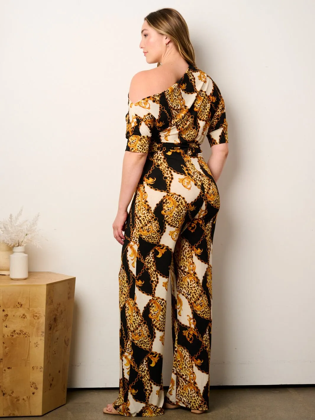 PLUS SIZE OFF SHOULDER SHORT SLEEVE SELF TIE ANIMAL PRINT WIDE LEG JUMPSUIT
