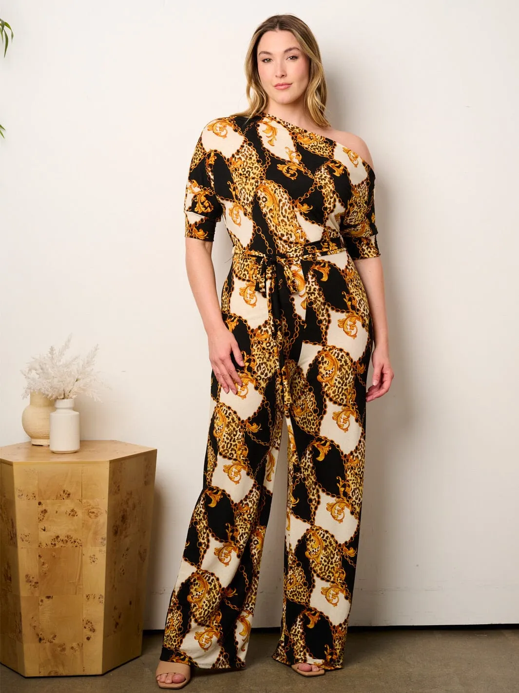 PLUS SIZE OFF SHOULDER SHORT SLEEVE SELF TIE ANIMAL PRINT WIDE LEG JUMPSUIT