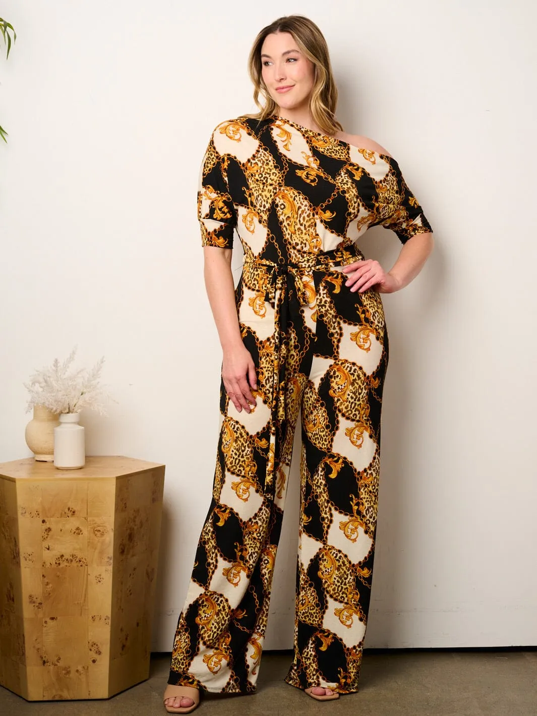 PLUS SIZE OFF SHOULDER SHORT SLEEVE SELF TIE ANIMAL PRINT WIDE LEG JUMPSUIT