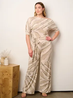 PLUS SIZE OFF SHOULDER SHORT SLEEVE SELF TIE MULTI PRINT WIDE LEG JUMPSUIT