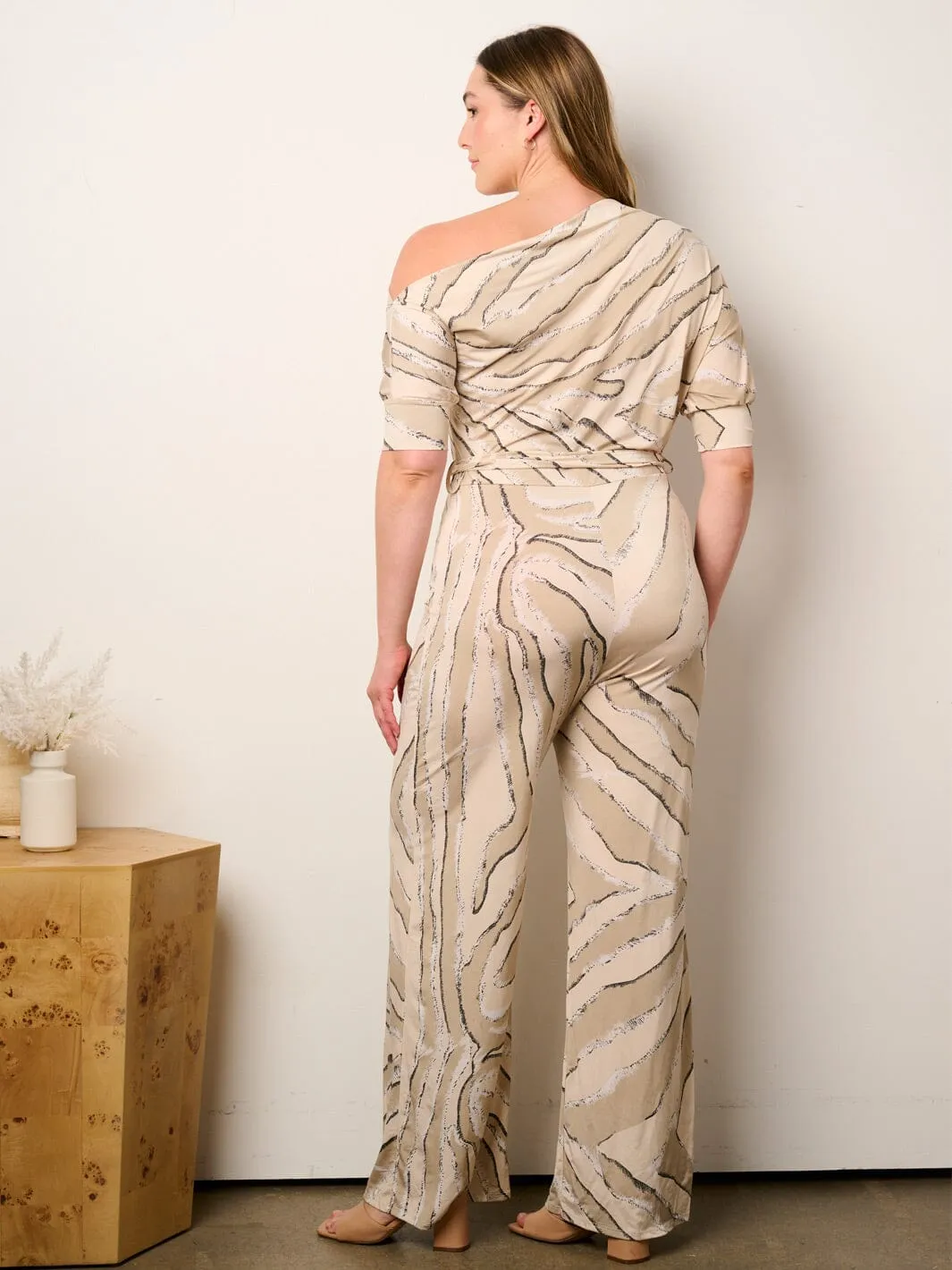PLUS SIZE OFF SHOULDER SHORT SLEEVE SELF TIE MULTI PRINT WIDE LEG JUMPSUIT