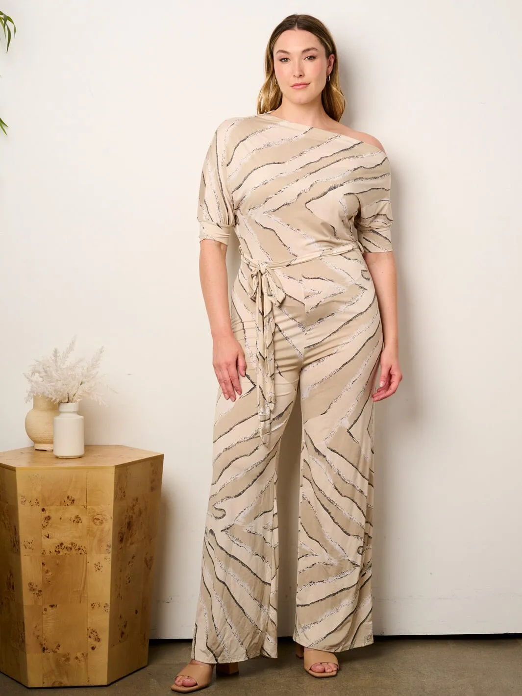 PLUS SIZE OFF SHOULDER SHORT SLEEVE SELF TIE MULTI PRINT WIDE LEG JUMPSUIT