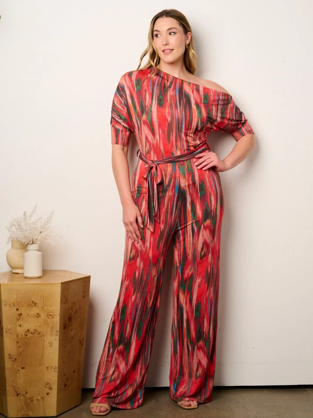 PLUS SIZE OFF SHOULDER SHORT SLEEVE SELF TIE MULTI PRINT WIDE LEG JUMPSUIT