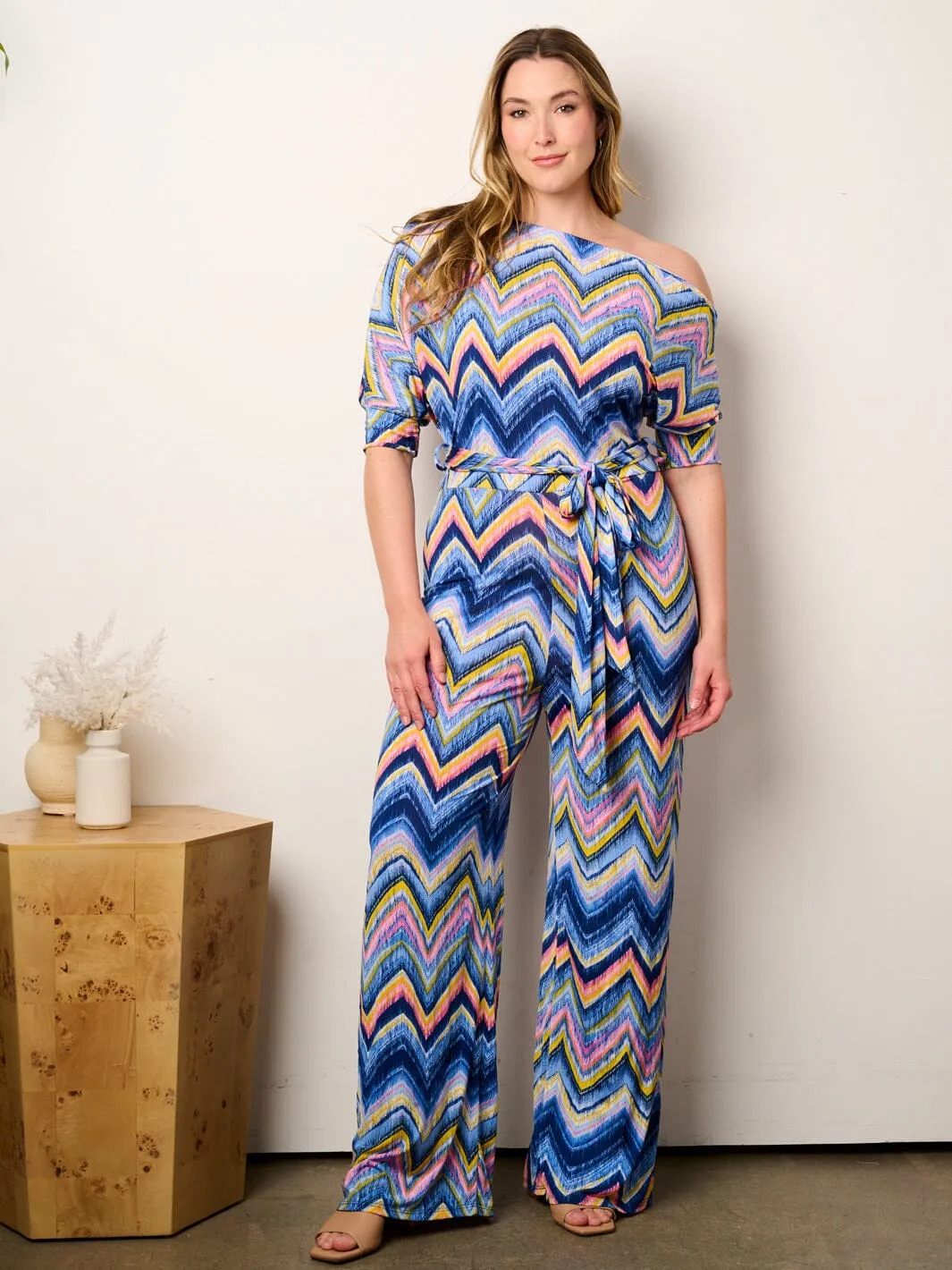 PLUS SIZE OFF SHOULDER SHORT SLEEVE SELF TIE MULTI PRINT WIDE LEG JUMPSUIT
