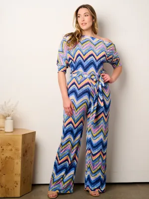 PLUS SIZE OFF SHOULDER SHORT SLEEVE SELF TIE MULTI PRINT WIDE LEG JUMPSUIT