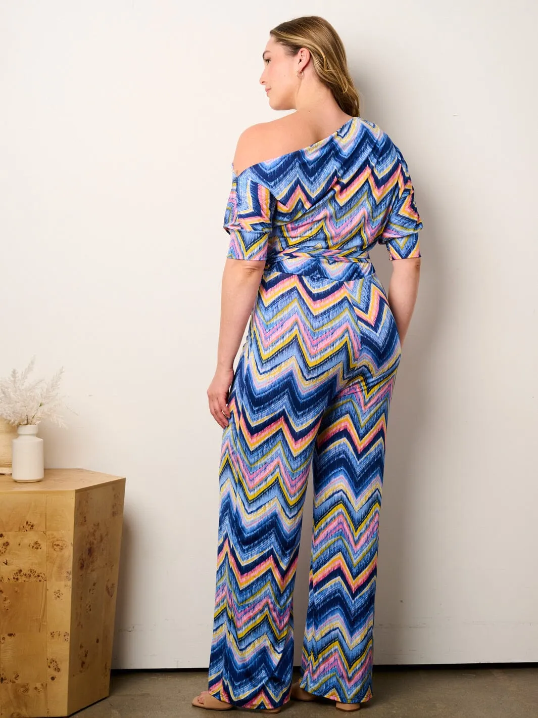PLUS SIZE OFF SHOULDER SHORT SLEEVE SELF TIE MULTI PRINT WIDE LEG JUMPSUIT