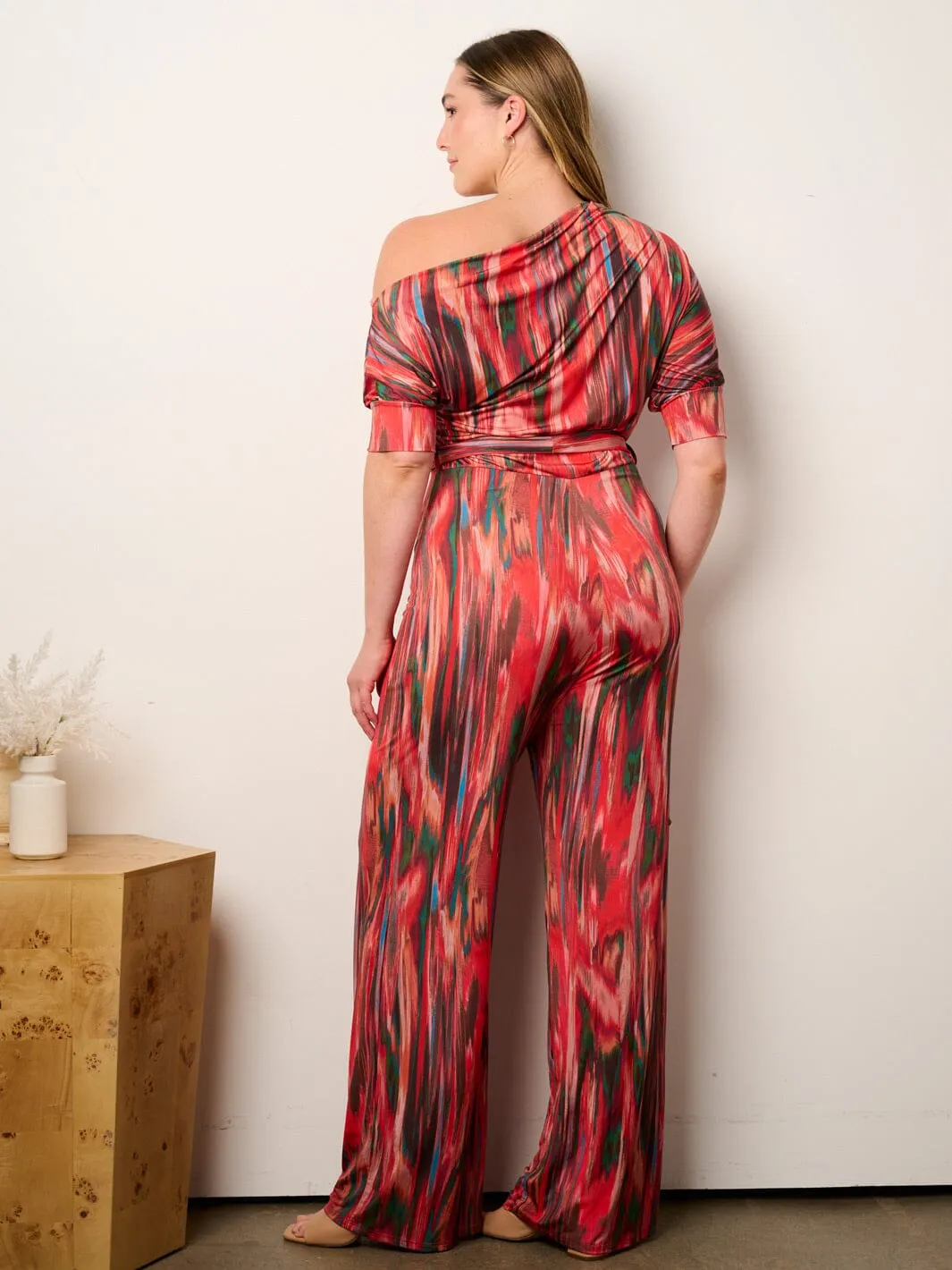 PLUS SIZE OFF SHOULDER SHORT SLEEVE SELF TIE MULTI PRINT WIDE LEG JUMPSUIT