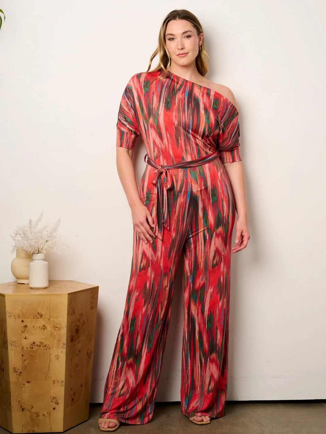 PLUS SIZE OFF SHOULDER SHORT SLEEVE SELF TIE MULTI PRINT WIDE LEG JUMPSUIT