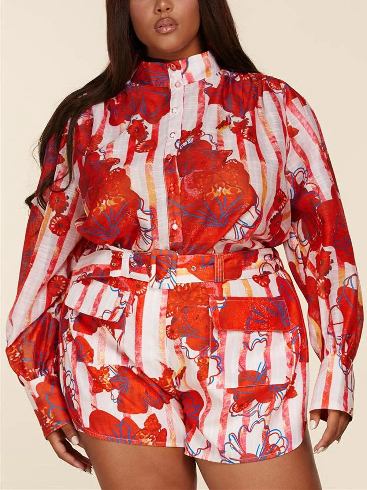 PLUS SIZE PUFF LONG SLEEVE TOP & SHORTS FLORAL SET