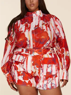 PLUS SIZE PUFF LONG SLEEVE TOP & SHORTS FLORAL SET
