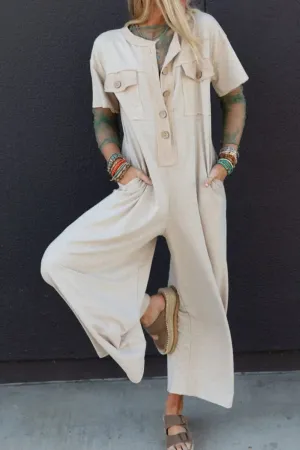 Pocket Front Short Sleeve Wide Leg Jumpsuit