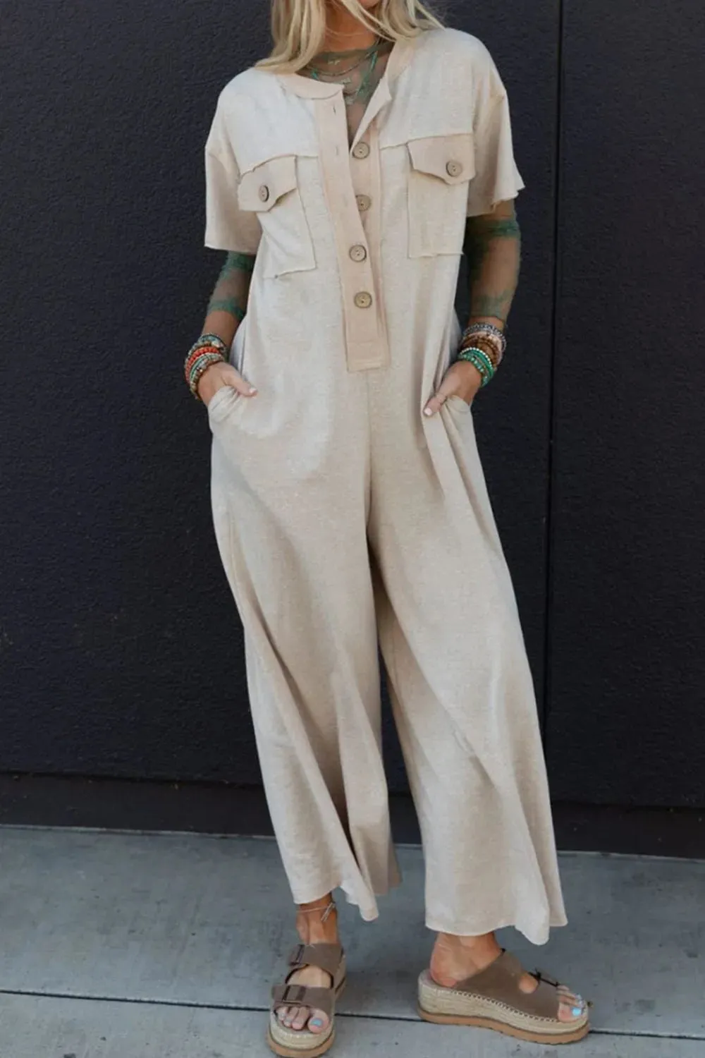 Pocket Front Short Sleeve Wide Leg Jumpsuit