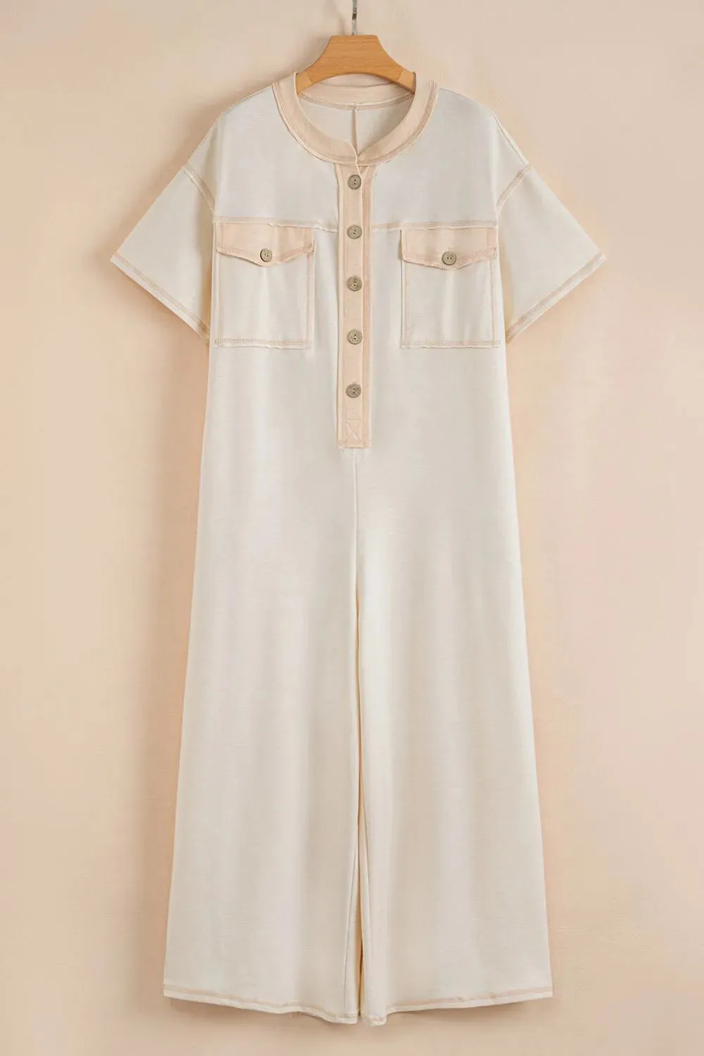 Pocket Front Short Sleeve Wide Leg Jumpsuit