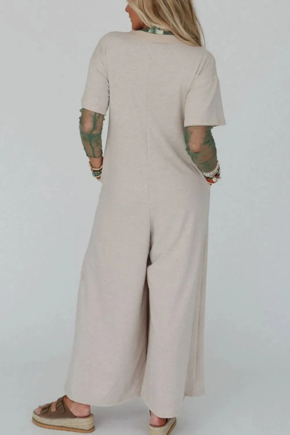Pocket Front Short Sleeve Wide Leg Jumpsuit