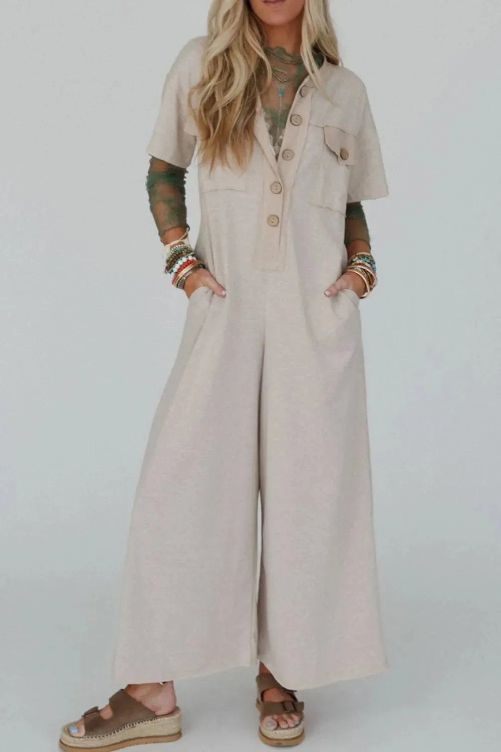 Pocket Front Short Sleeve Wide Leg Jumpsuit