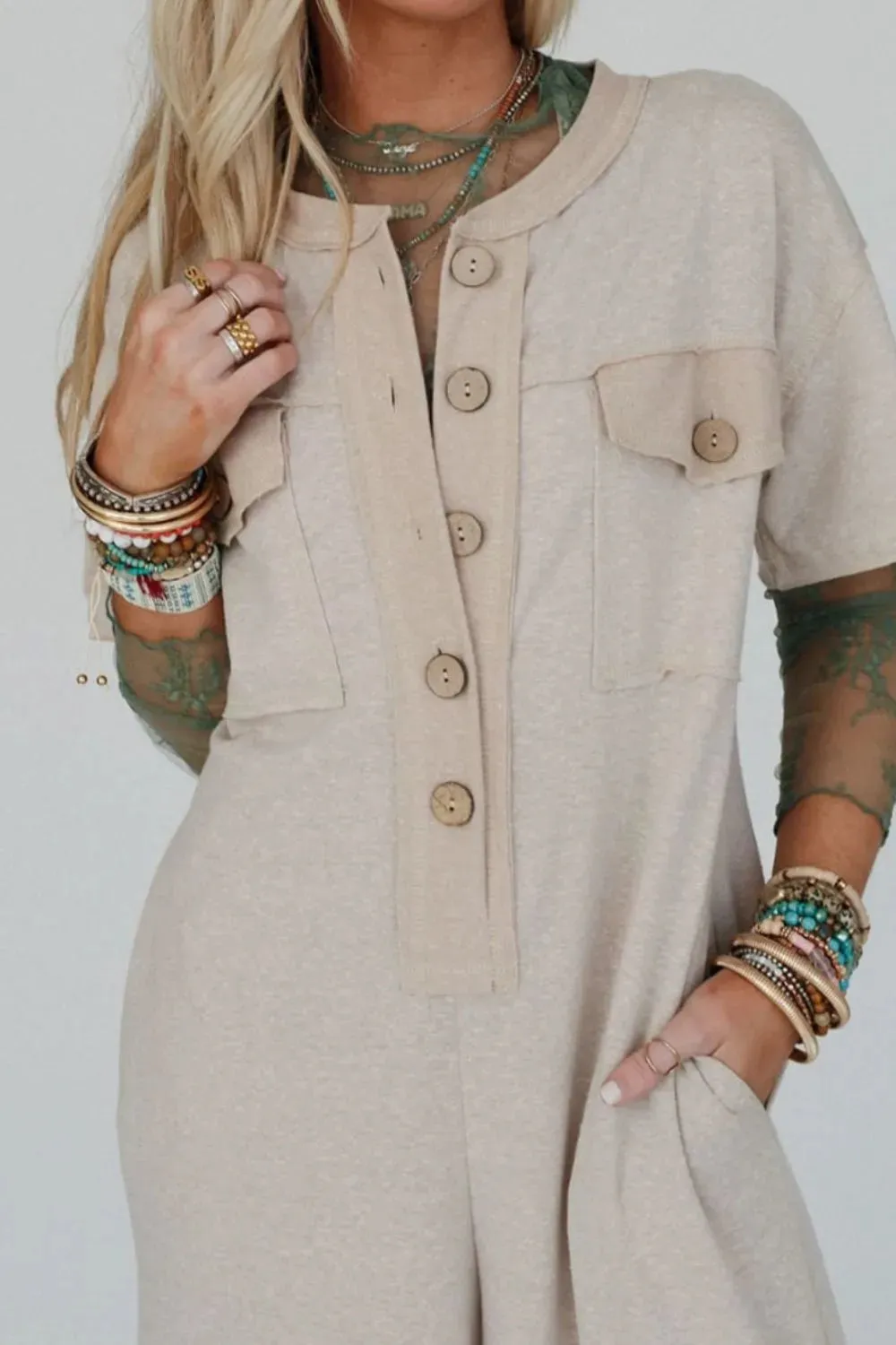 Pocket Front Short Sleeve Wide Leg Jumpsuit