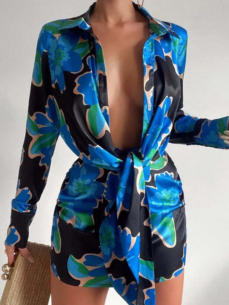 Printed Lace-Up Office Ladies Shirt Dress Printed Sexy Slim Summer Cover Up