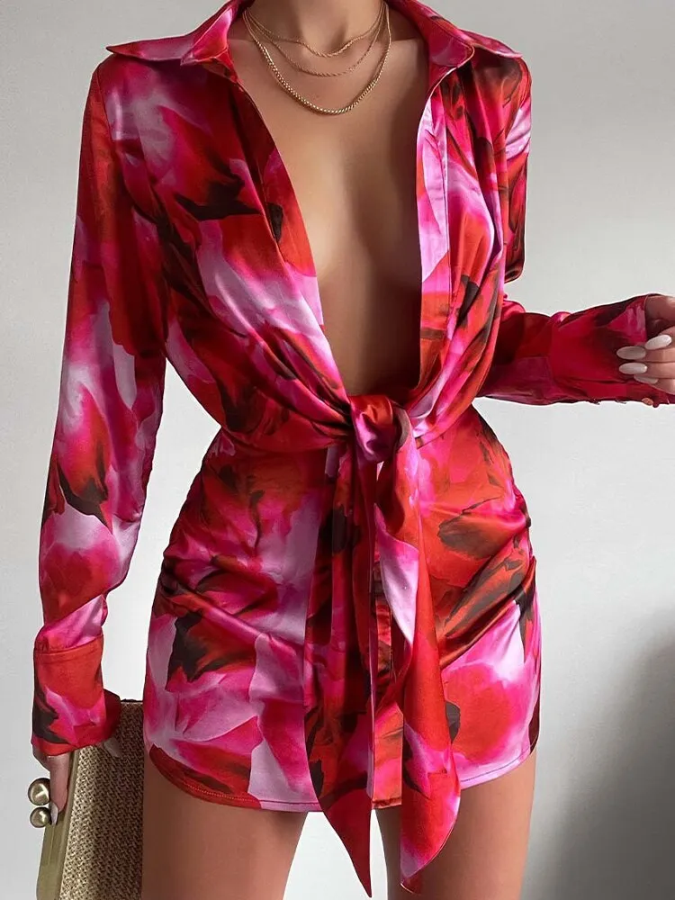 Printed Lace-Up Office Ladies Shirt Dress Printed Sexy Slim Summer Cover Up