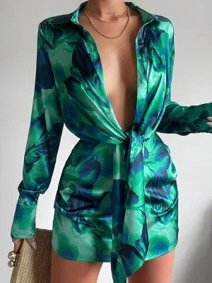 Printed Lace-Up Office Ladies Shirt Dress Printed Sexy Slim Summer Cover Up