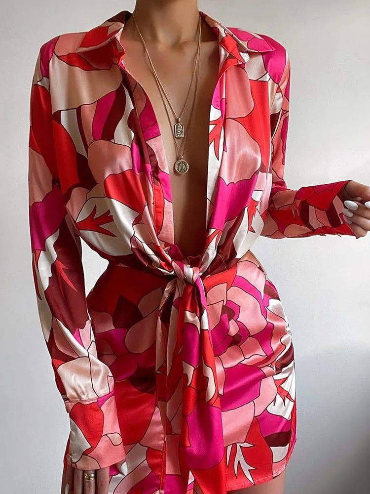 Printed Lace-Up Office Ladies Shirt Dress Printed Sexy Slim Summer Cover Up