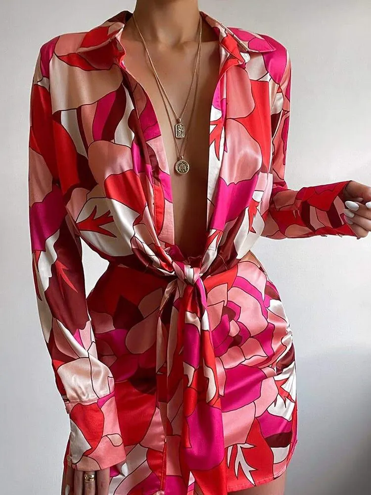 Printed Lace-Up Office Ladies Shirt Dress Printed Sexy Slim Summer Cover Up