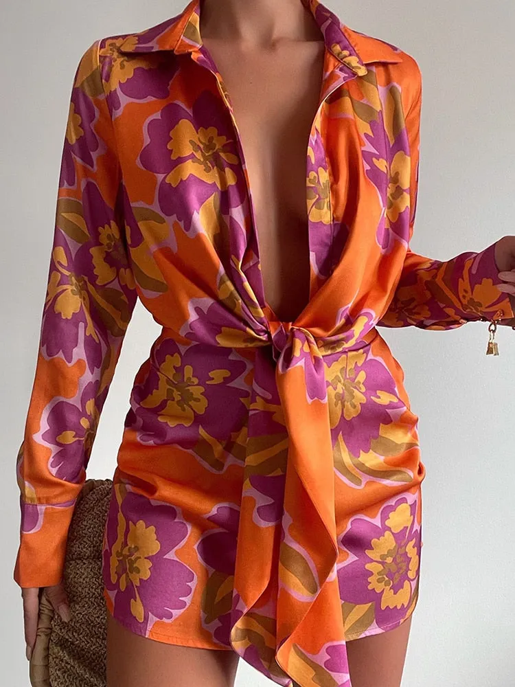 Printed Lace-Up Office Ladies Shirt Dress Printed Sexy Slim Summer Cover Up