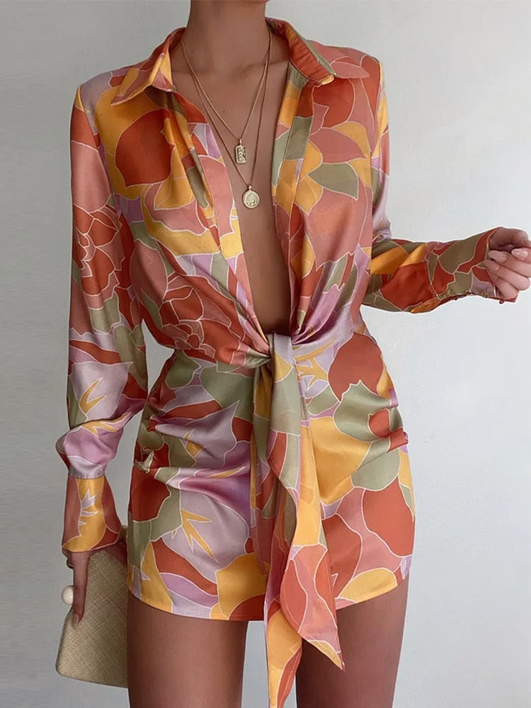 Printed Lace-Up Office Ladies Shirt Dress Printed Sexy Slim Summer Cover Up