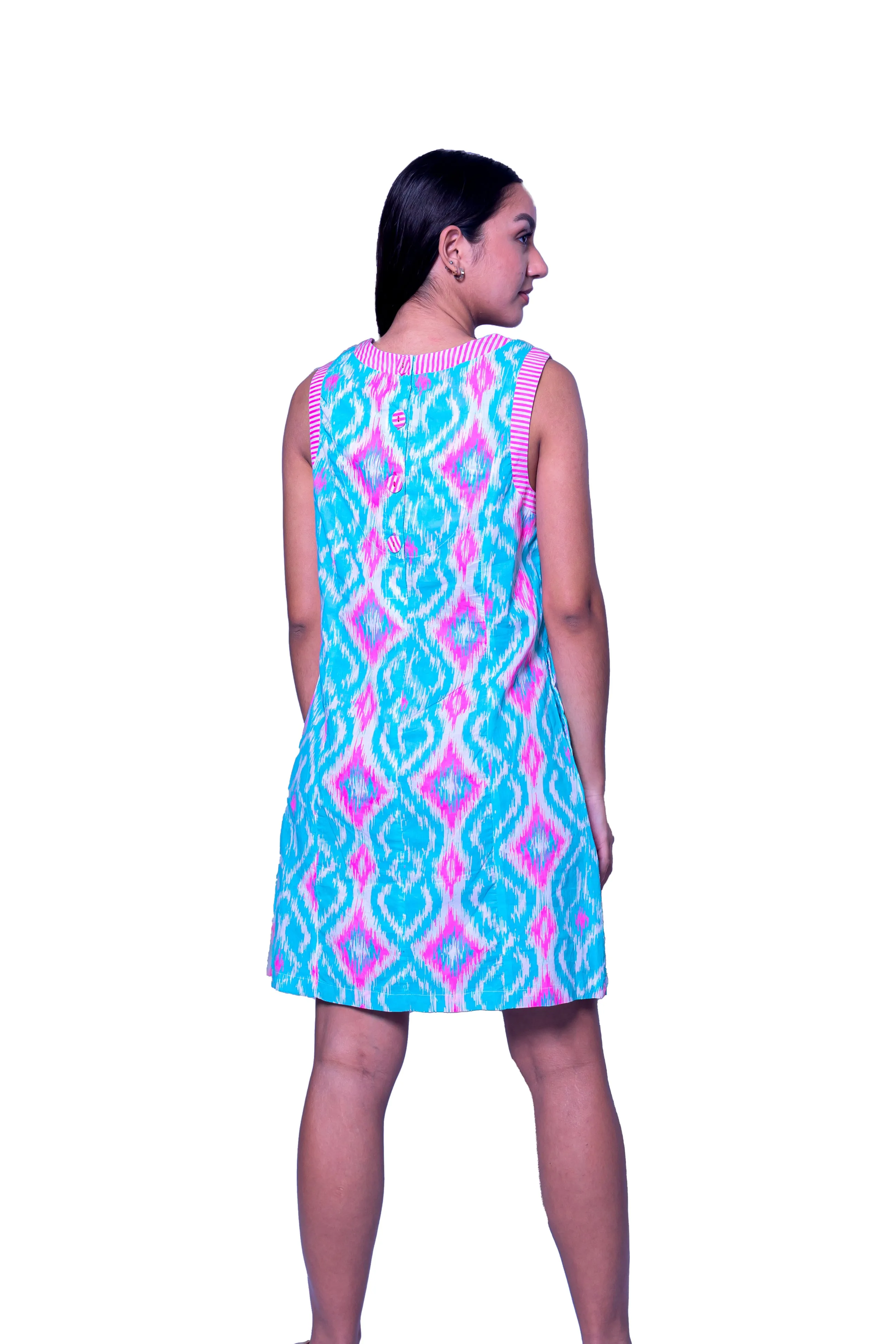 Printed Short Dress with Pockets in Turquoise