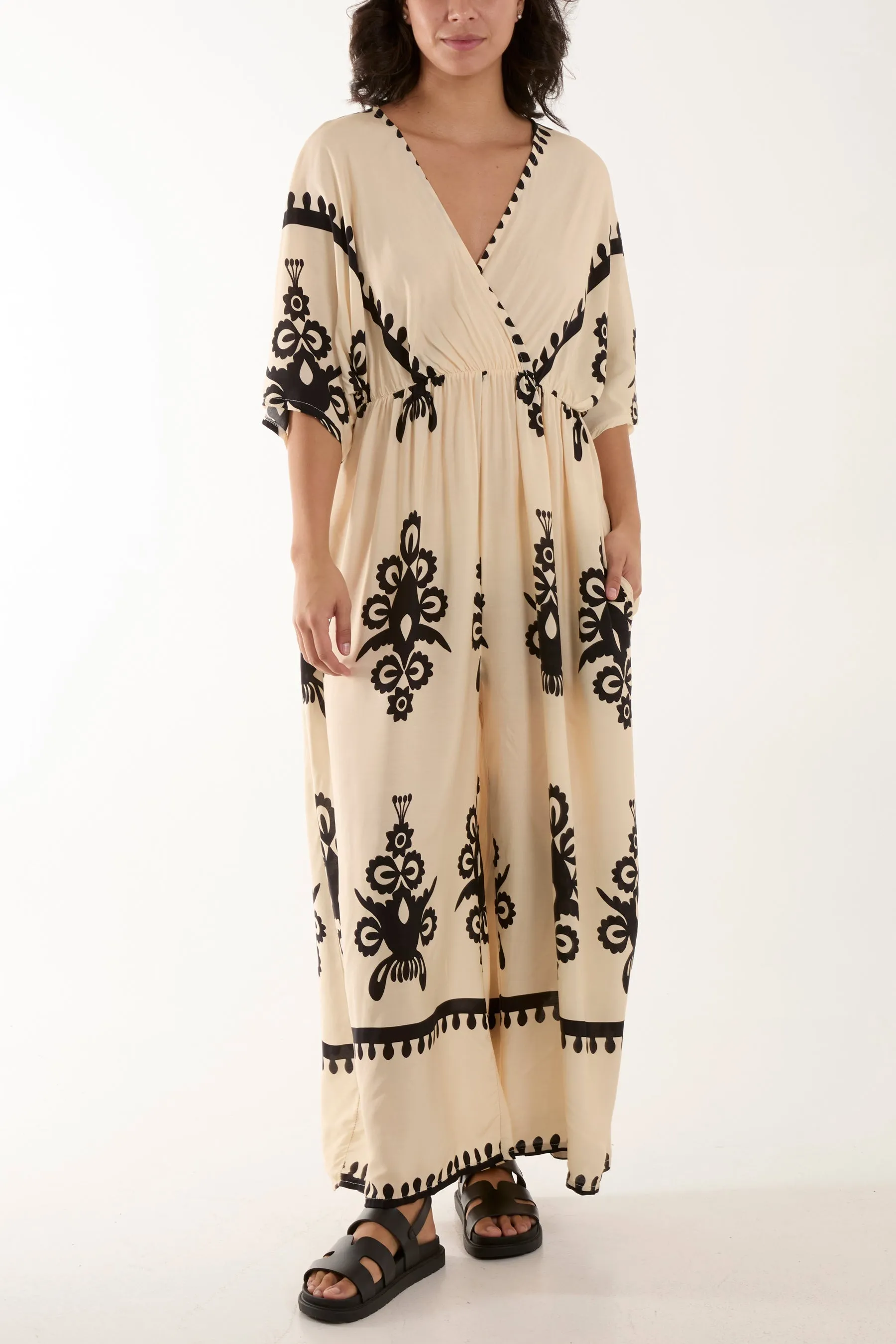Printed V-Neck Wide Leg Jumpsuit