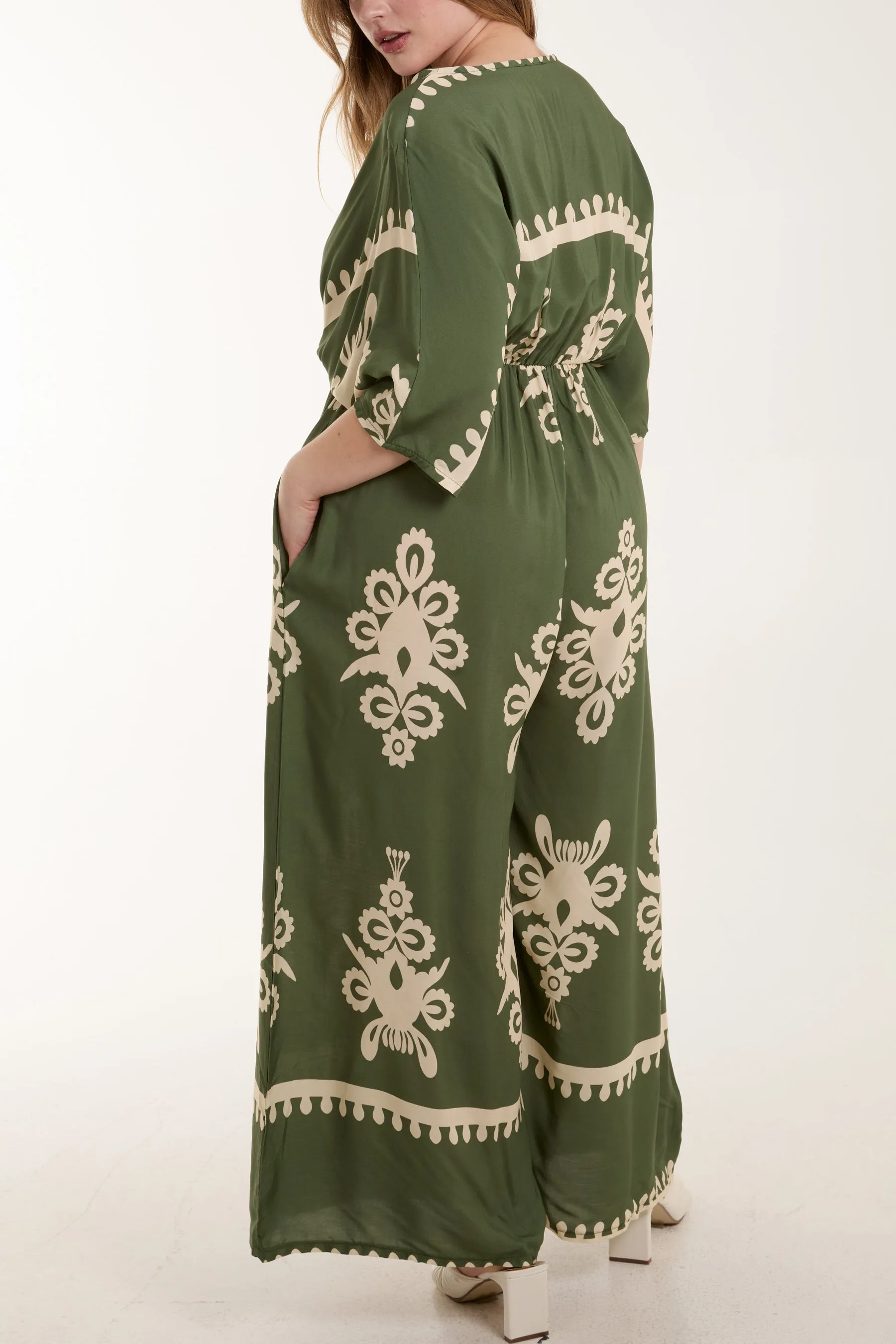 Printed V-Neck Wide Leg Jumpsuit