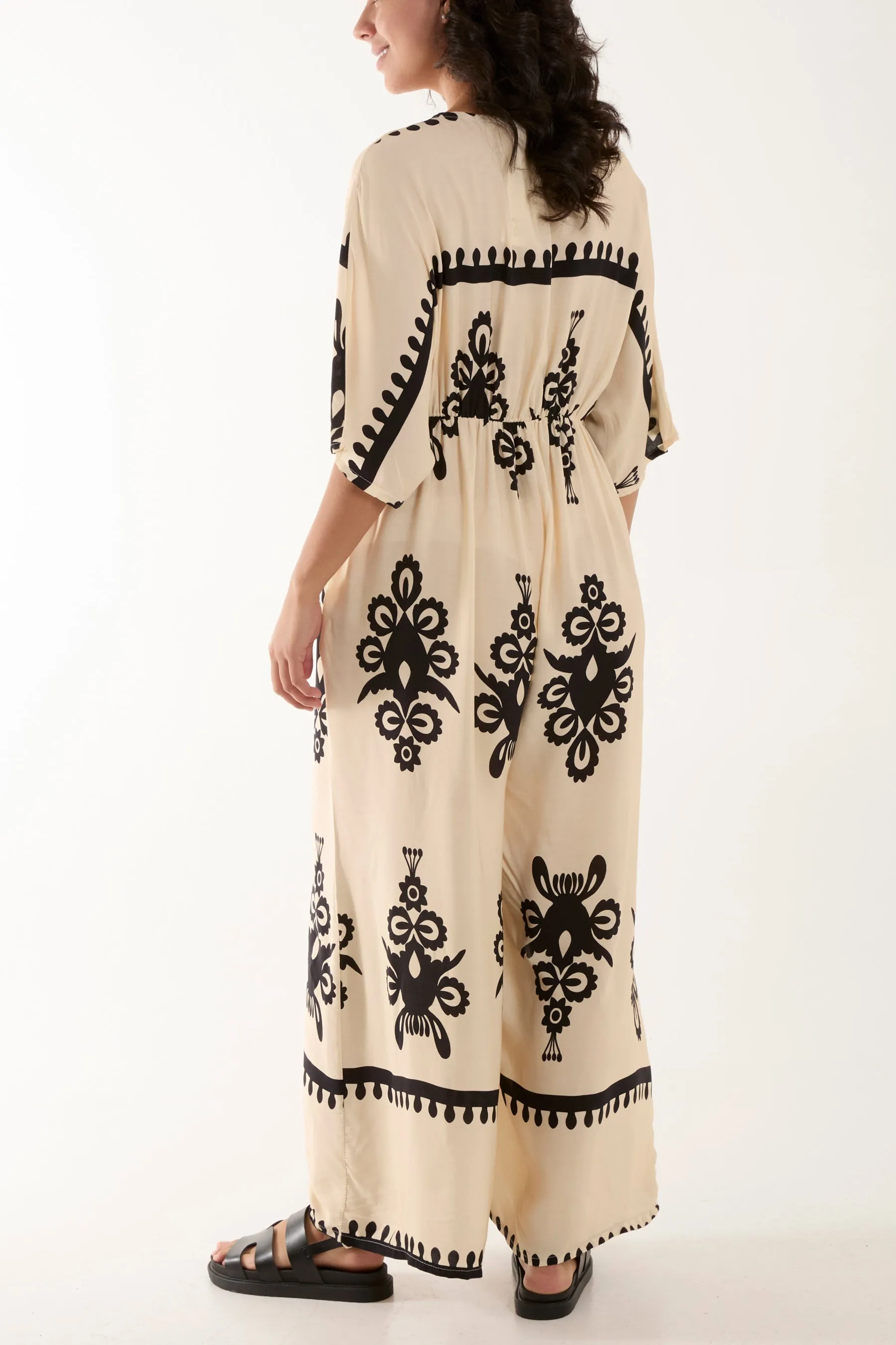 Printed V-Neck Wide Leg Jumpsuit